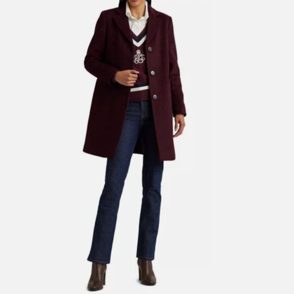 Reefer Wool Blend Coat by Lauren Ralph Lauren Burgundy Women’s Size 14P - Picture 1 of 11